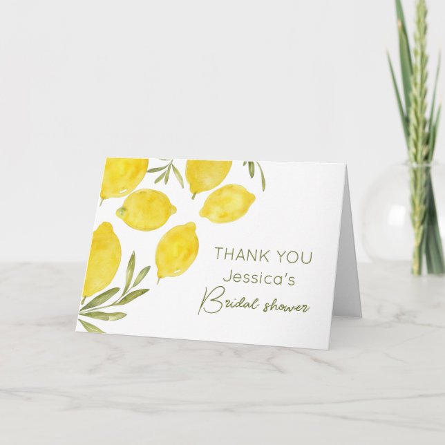 Lemons Olive Branch Yellow Italian Bridal Shower Thank You Card (Front)