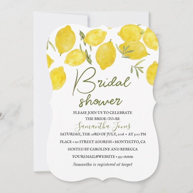 Lemons Olive branch Yellow Rustic Bridal Shower  Invitation (Front)