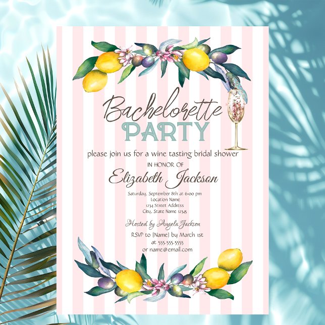  Lemons Olives Glass Pink Stripes Bachelorette   Invitation (Creator Uploaded)