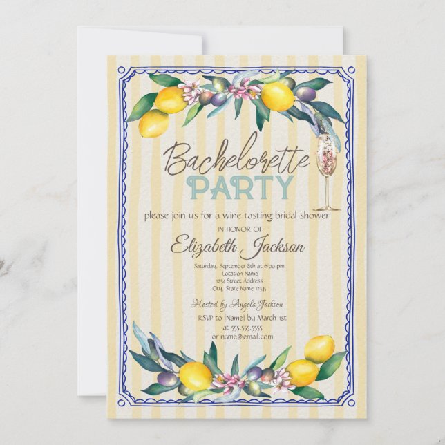  Lemons Olives Glass Yellow Stripes Bachelorette   Invitation (Front)