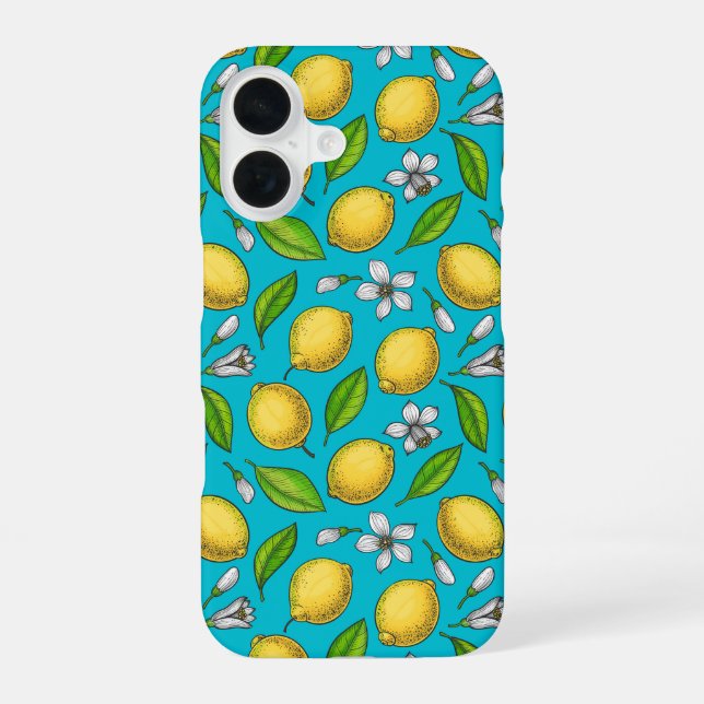 Lemons on blue iPhone 16 case (Back)