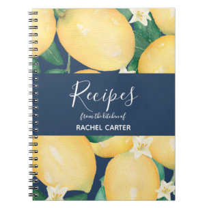 Lemons On Navy Blue Personalised Recipes Notebook