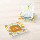Lemons, Oranges and Grapes Fruit Personalised Glass Coaster<br><div class="desc">These cheerful coasters have a colourful background of lemons,  oranges,  and grapes. They may be personalised with your text.</div>