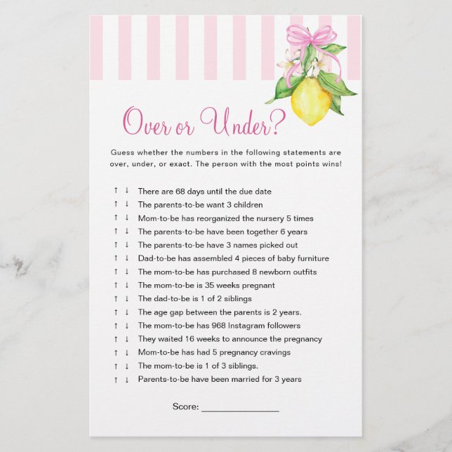 Lemons Over or Under Baby Shower Game (Front)