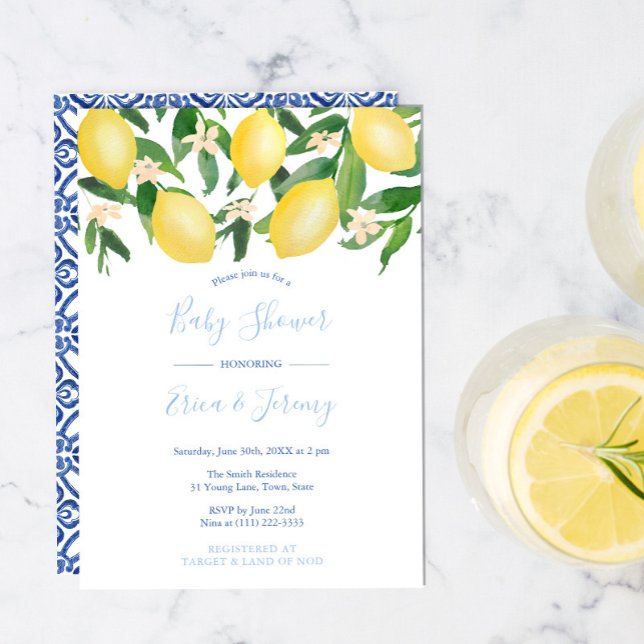 Lemons Pale and Classic Blue Co-Ed Boy Baby Shower Invitation (Creator Uploaded)