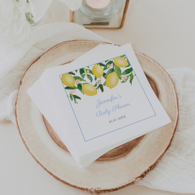 Lemons Pale Blue Boy Baby Shower Party Napkin (Watercolor lemons with pale blue accents napkins for baby boy shower )