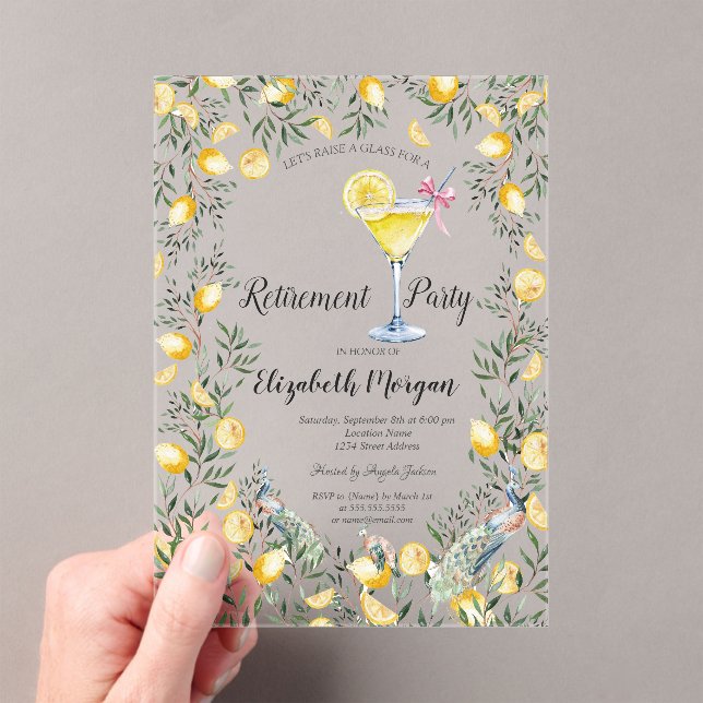 Lemons Peacock Cocktail Retirement    Acrylic Invitations (Insitu (Handheld))