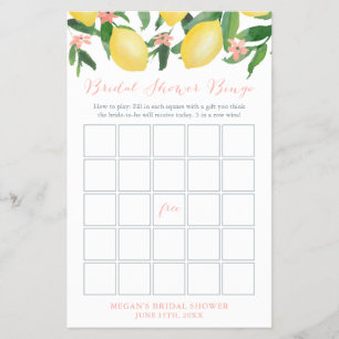 Lemons Pink Bridal Shower Bingo Game Card