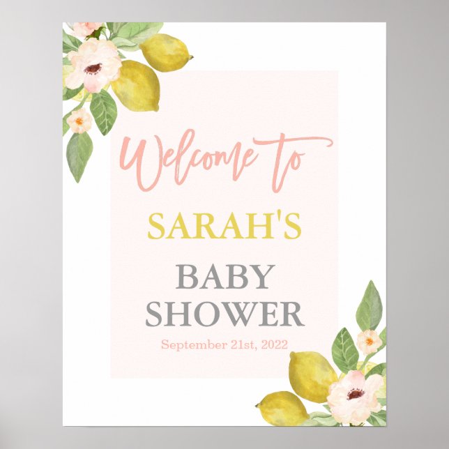 Lemons Pink Floral Baby Shower welcome sign (Front)