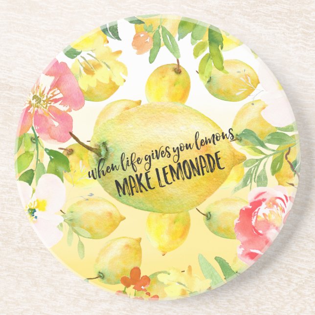 Lemons Pink floral ombre watercolor inspirational Coaster (Front)