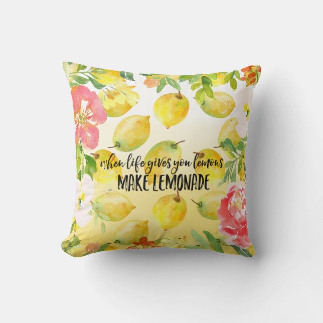 Lemons Pink floral ombre watercolor inspirational Cushion (Front)