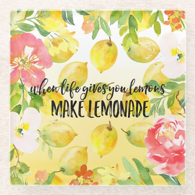 Lemons Pink floral ombre watercolor inspirational Glass Coaster (Front)