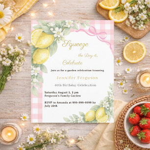 Lemons pink gingham garden birthday invitation