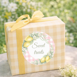 Lemons pink gingham sweet treats party favour classic round sticker