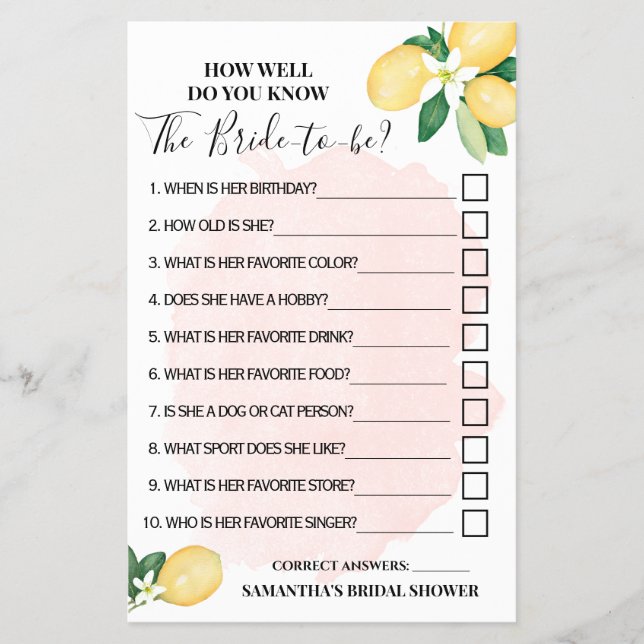 Lemons Pink How well do you know Bride Shower Game Flyer (Front)