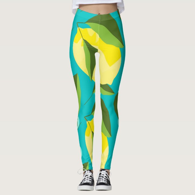 Lemons Polka Dot: Blue Background. Leggings (Front)