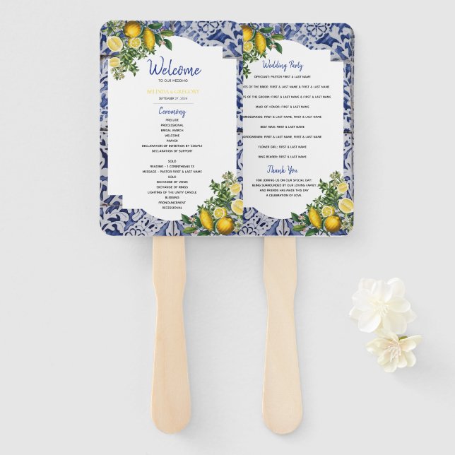 Lemons Portuguese Tiles Wedding Program Hand Fan (Front and Back)
