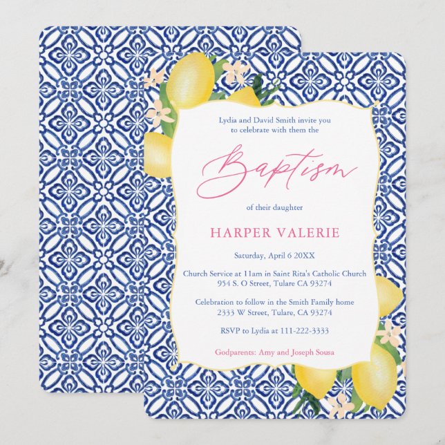 Lemons Positano Italian Tiles Girl Baptism Party Invitation (Front/Back)