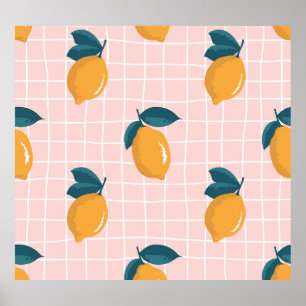 Lemons, retro geometry, summer seamless pattern. poster