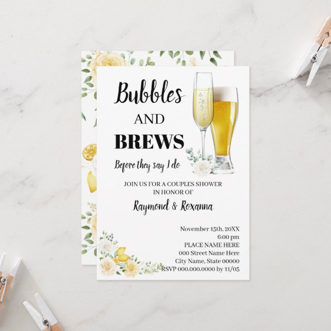 Lemons &  Roses Bubble & Brews Couples Shower Invitation (Front/Back In Situ)