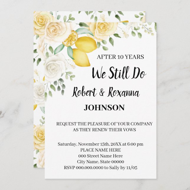 Lemons & Roses Wedding Anniversary Renewal Vows Invitation (Front/Back)
