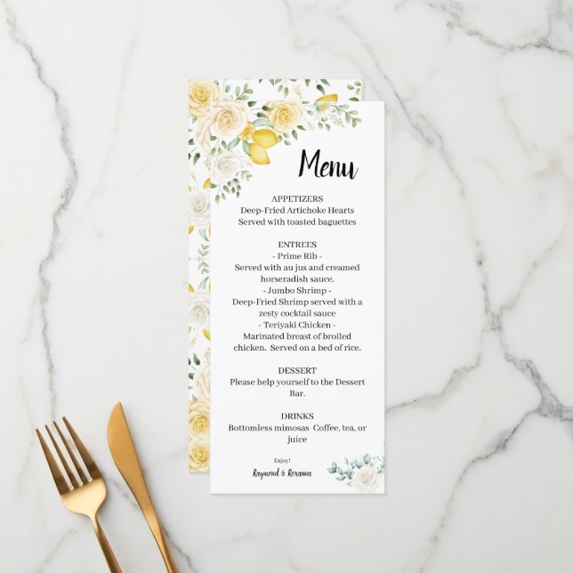 Lemons & Roses Wedding Bridal Shower Menu (Front/Back In Situ)