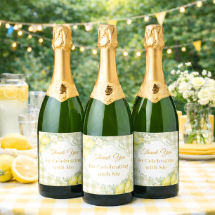 Lemons sage green gingham Thank You Birthday Sparkling Wine Label