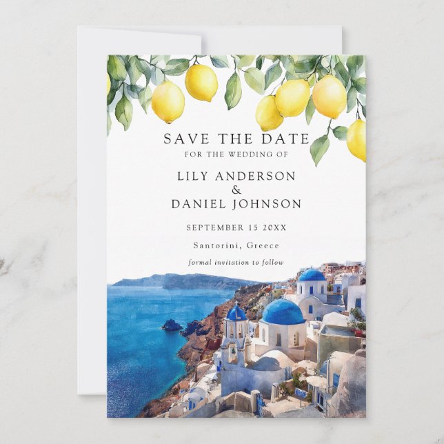 Lemons Santorini Greece Wedding Save The Date (Front)