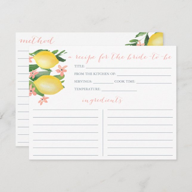 Lemons Soft Pink Text Flowers Shower Recipe Card (Front/Back)