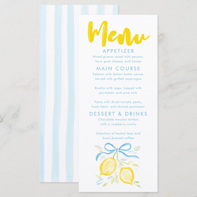 Lemons Themed Boy Baby Shower Menu Cards (Front/Back)