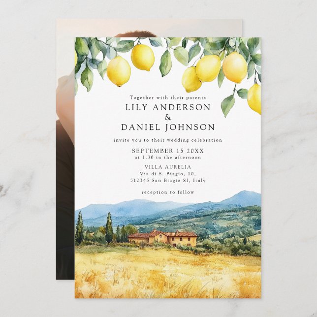 Lemons Tuscan Scene Italy Photo Wedding Invitation (Front/Back)