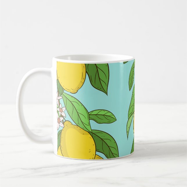 Lemons, Vibrant Blue Background Seamless. Coffee Mug (Left)