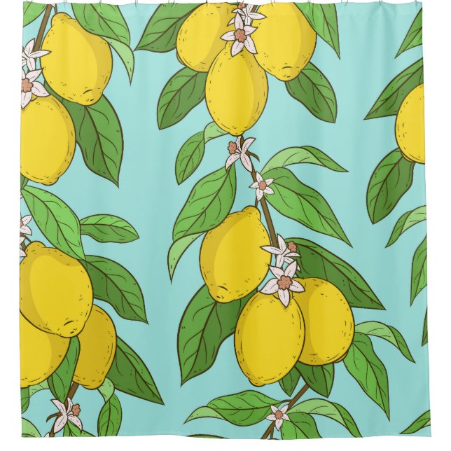 Lemons, Vibrant Blue Background Seamless. Shower Curtain (Front)