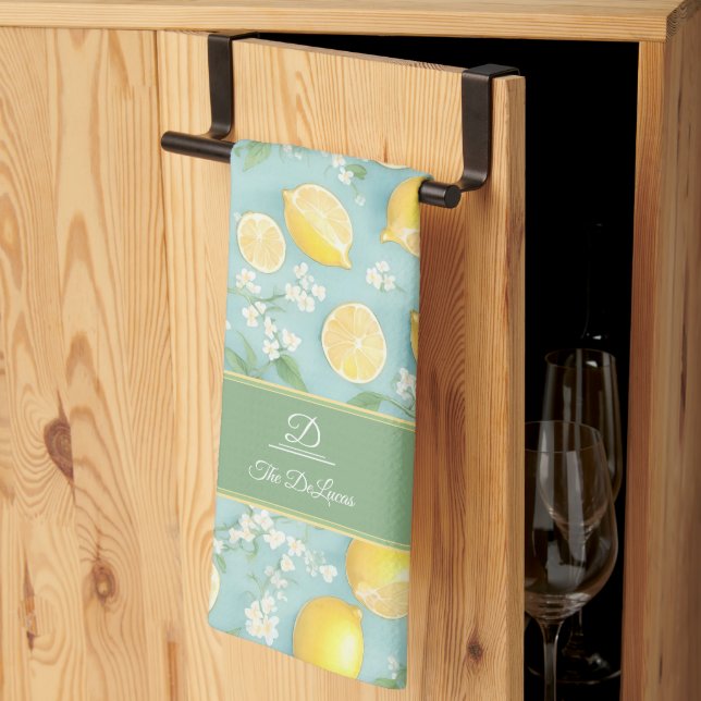 Lemons Watercolor Mint Customised Name Lemon Tea Towel (Thirds Fold)