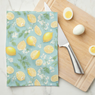 Lemons Watercolor Pattern Mint Floral Lemon Tea Towel