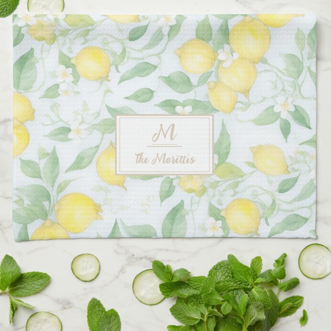 Lemons Watercolor Personalised Name Monogram Lemon Tea Towel (Folded)