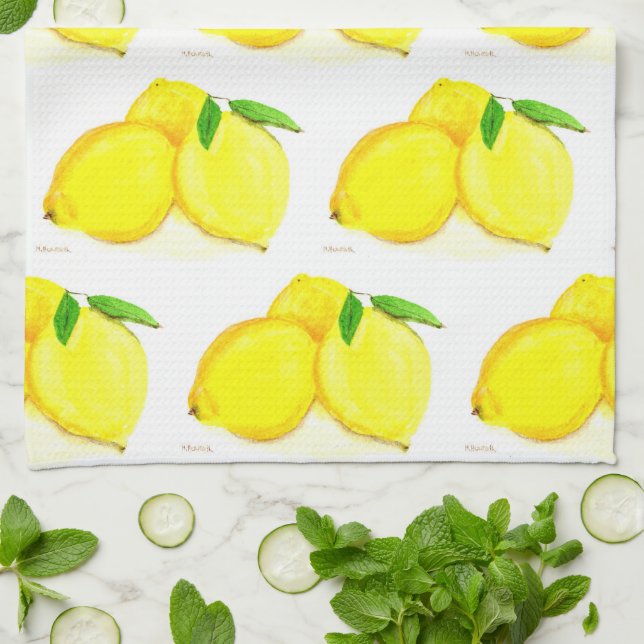 Lemons Watercolor Yellow Fruit Country Farmhouse Tea Towel (Folded)