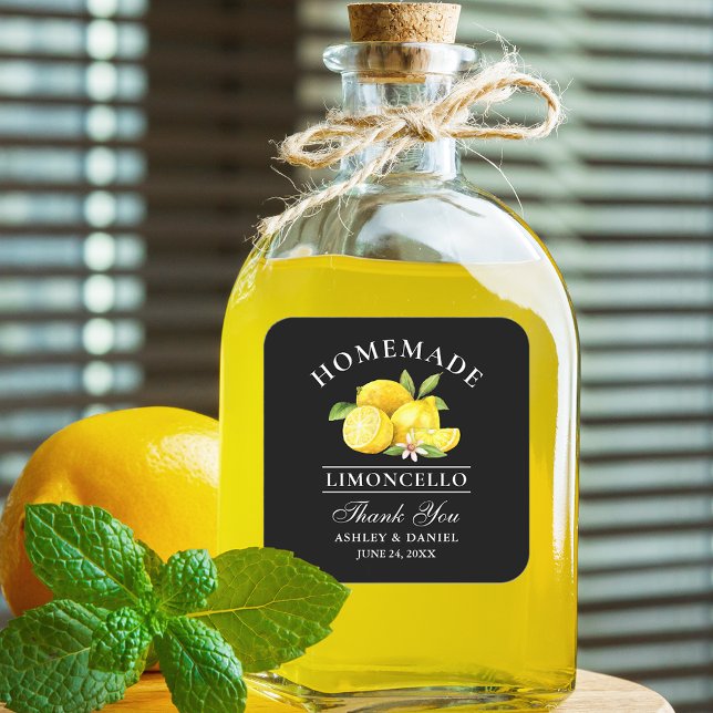 Lemons Wedding Thanks Limoncello Black Square Sticker (Customize to change text size, text style or background color.)