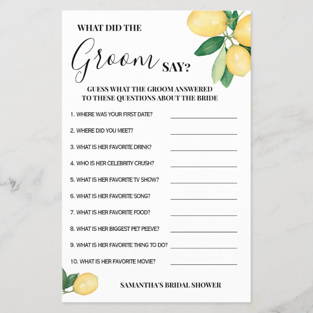 Lemons What did Groom Say Bridal Shower Game Card (Front)
