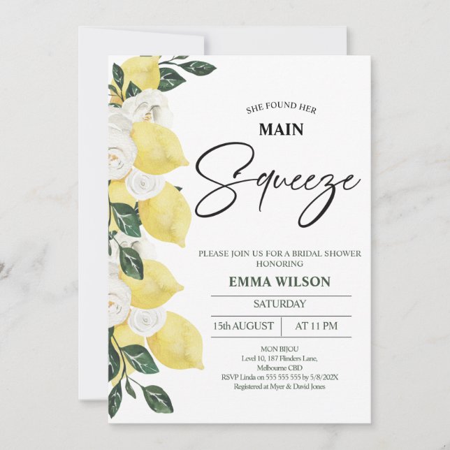 Lemons White Floral Main Squeeze Bridal Shower Invitation (Front)