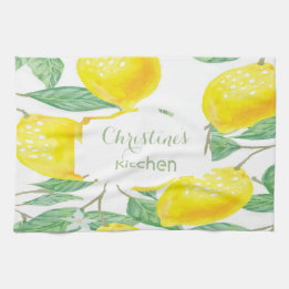 Lemons white green name script tea towel