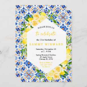 Lemons with Foliage Mediterranean Birthday Invitation