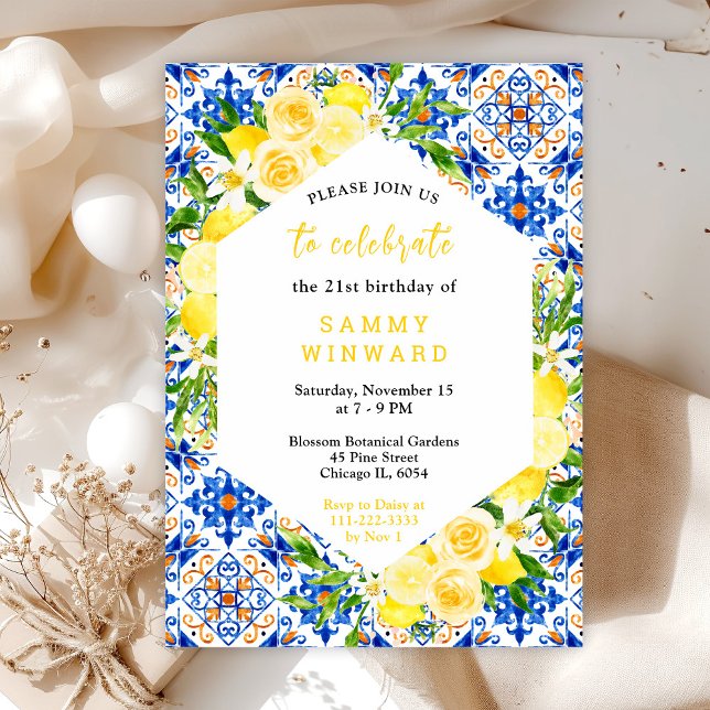 Lemons with Foliage Mediterranean Birthday Party Invitation (Creator Uploaded)