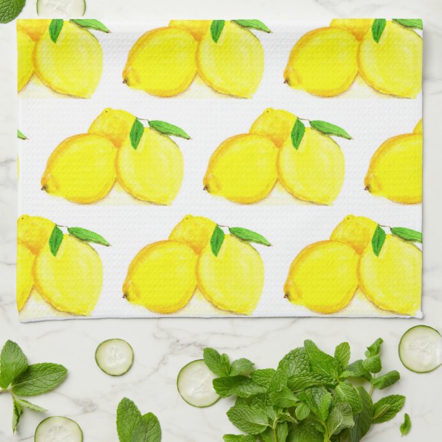 Lemons Yellow Fruit Pattern Watercolor Summer Tea Towel (Folded)