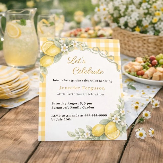 Lemons yellow gingham summer garden birthday invitation (Creator Uploaded)