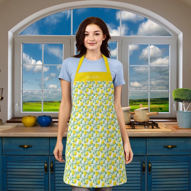 Lemons yellow green pattern name apron (Creator Uploaded)