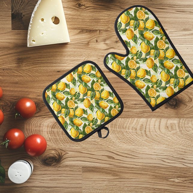 Lemons Yellow Kitchen Chef Cook Gift Oven Mitt & Pot Holder Set (Creator Uploaded)