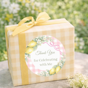 Lemons yellow pink gingham girl Thank You party Classic Round Sticker