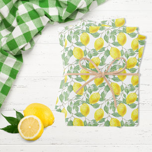 Lemons yellow white green summer pattern  wrapping paper sheet