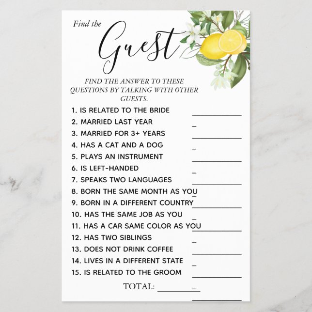 Lemony Find the Guest Bridal shower game card (Front)